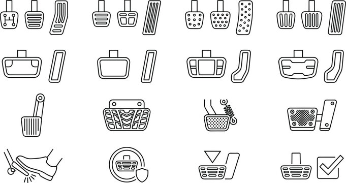 Automotive Pedal Line Icon Set Featuring Brake, Clutch, Accelerator Pedals, Car Foot Controls, Driving Components, and Vehicle Interior Parts Collection