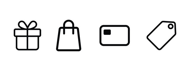 Shopping retail and finance black outline icons set featuring gift bag card and tag shopping commerce © SK Stock