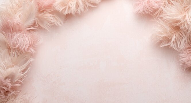 Fluffy Pink Feather Border on Soft Pink Background - Elegant, Minimalist Composition, Negative Space