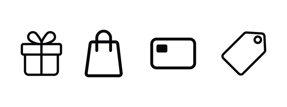 Shopping retail and finance black outline icons set featuring gift bag card and tag shopping commerce