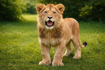 Playful Lion Cub Smiling in a Sunny Green Meadow © Holo Frame