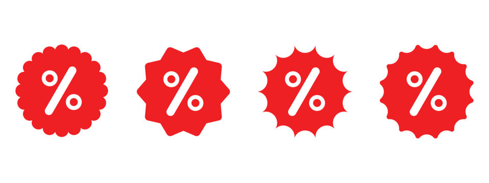 Red starburst percentage sign sale discount promotional badges vector graphic collection with percentage