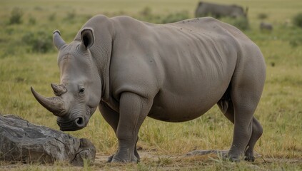 Obraz premium Rhinoceros Grazing Near a Rock in a Savannah Landscape