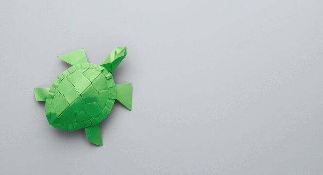 Green Origami Turtle Model on Gray Background with Negative Space