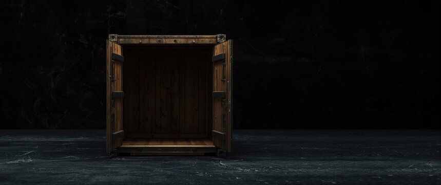 Open Wooden Crate on Dark Background - Isolated, Minimalist, Dramatic Lighting