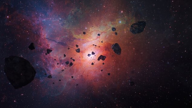 Asteroid Field in Colorful Nebula with Cosmic Dust and Stars