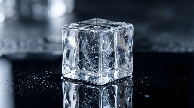 Single Clear Ice Cube with Water Droplets Resting on Reflective Black Surface Macro