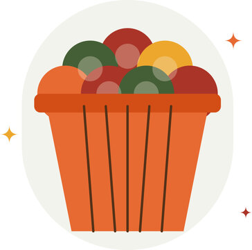Colorful geometric apples piled inside orange bushel basket illustration isolated on minimalist white circular background.