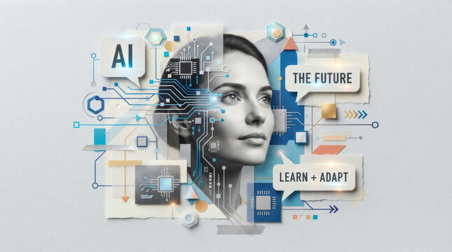 Artificial intelligence collage with woman face profile, circuit board, microchips and AI the future learn adapt technology theme