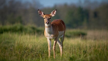Elegant Antelope Standing in Green Meadow - Soft Morning Light, Close-Up © Holo Frame