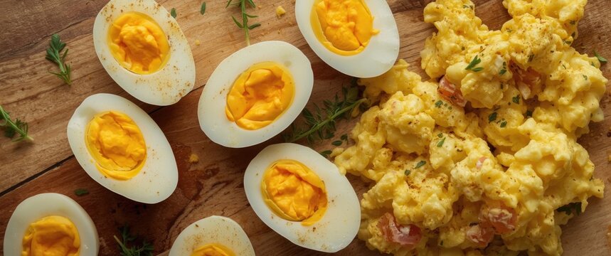 Deviled Eggs and Scrambled Eggs on a Wooden Table with Fresh Herbs