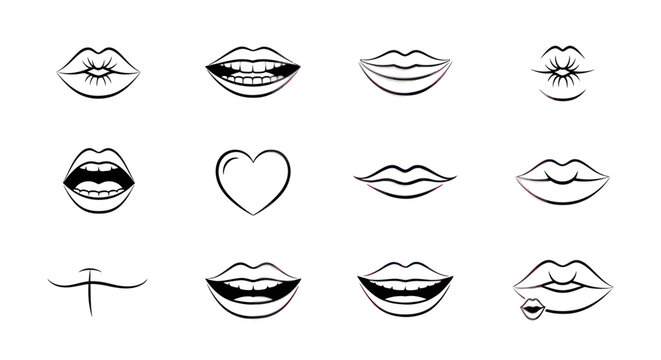Set of black and white vector icons representing various mouth expressions and female lips silhouettes