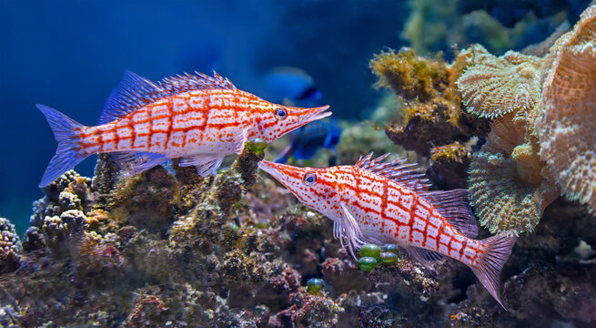 Close-up view of pair of Longnose hawkfish (Oxycirrhites typus)