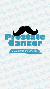 Prostate Cancer Awareness Month Poster with Mustache and Ribbon Pattern. Social media campaigns, men's health awareness posts, and medical charity promotions.