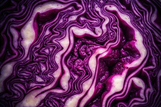 Closeup of Purple Cabbage Leaves Showing Intricate Patterns and Textures