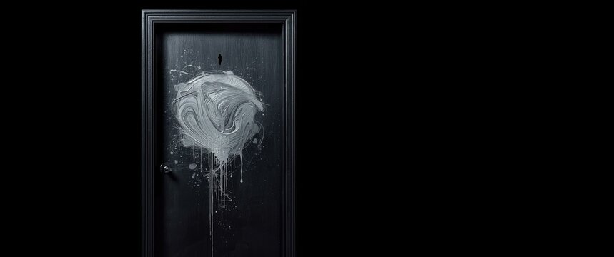 Black Door with Abstract White Paint Splatter on Surface