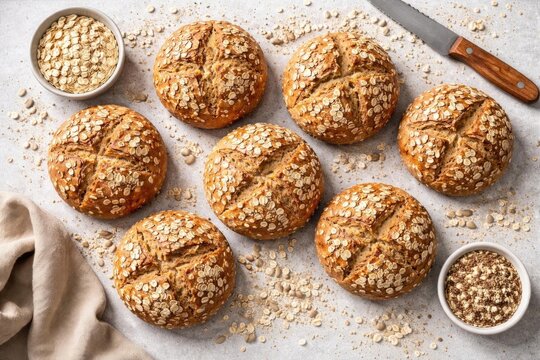 Freshly Baked Oatmeal Bread Rolls on a Textured Surface with Oats and Knife