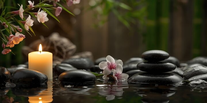 Serene Spa Setting with Black Stones Candle and Orchid Flower in Tranquil Water