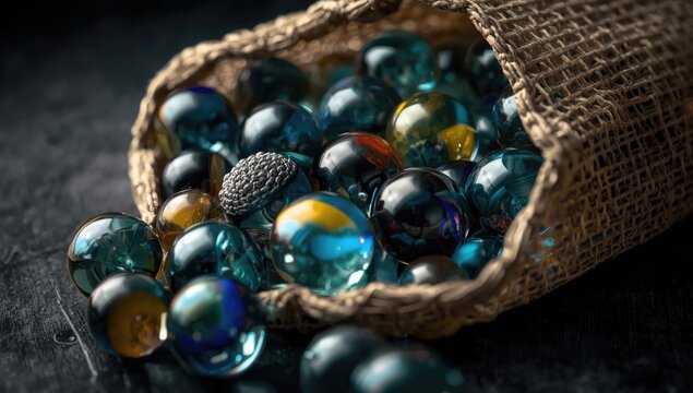 Colorful Glass Marbles Spilled from a Burlap Bag on a Dark Surface