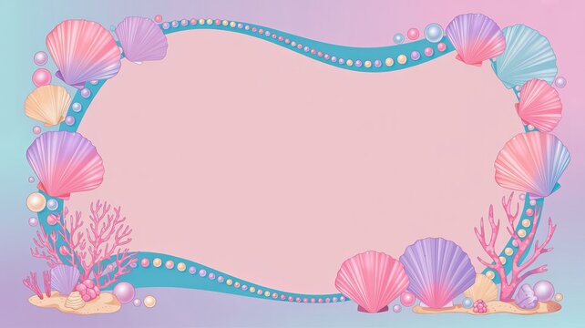 A decorative frame featuring colorful seashells, pearls, and pink coral on a soft gradient background, with a wavy, blue border