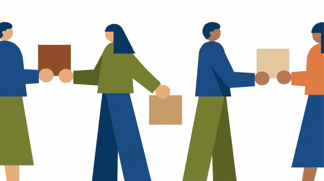 Diverse individuals collaboratively exchanging packages, symbolizing essential community support, charity, and efficient service delivery, promoting shared resources