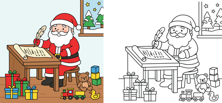 Cute Santa Claus writing wish list with toys and gifts coloring page and colorful vector illustration set for kids Christmas activity book printable outline worksheet