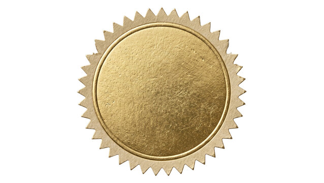 Blank golden metallic seal or badge with decorative jagged edges, textured surface for custom logos and certifications