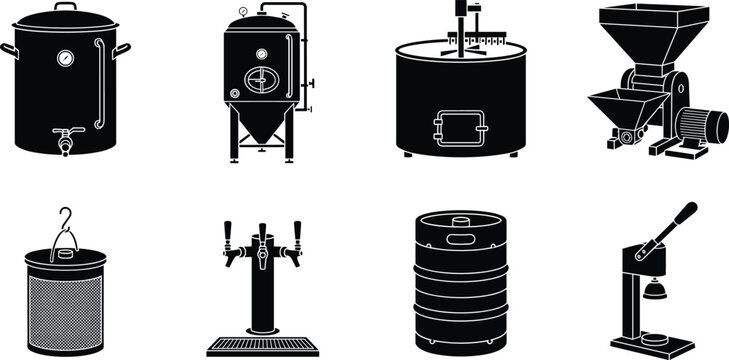 Brewing Equipment and Beer Production Vector Icon Set with Brewery Machinery Collection