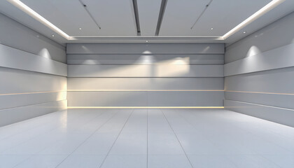 Obraz premium Modern white futuristic showroom or exhibition hall with clean lines and subtle lighting
