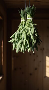 Freshly harvested garden sage bundled and hanging upside down in a rustic, sunlit setting for traditional drying and preservation of the aromatic herb ,natural ,seasoning ,herbal