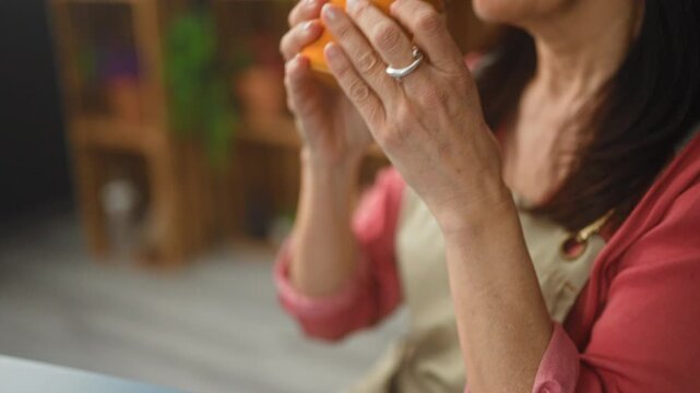 Woman florist cupping an orange enamel mug with both hands in a flower shop amid wooden shelves and potted plants; quiet contentment.