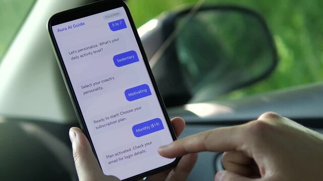 Person selects activity level, coaching style and a paid plan in an AI assistant app, capturing personalized fitness technology, mobile subscriptions and smart lifestyle support.