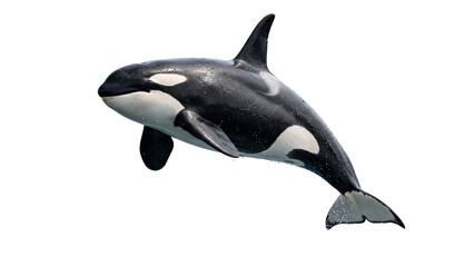 Orca swimming through ocean. Killer whale displaying its distinctive black and white markings, powerful marine predator © ATIQULISLAM