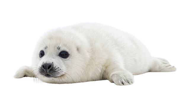 Baby harp seal pup resting on ice, showcasing its pure white fur. Marine mammal in arctic environment, peaceful moment
