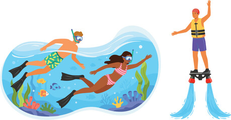 Cartoon Summer Water Sports Icons Featuring Divers Swimming And Flyboarding Activity © Mominul