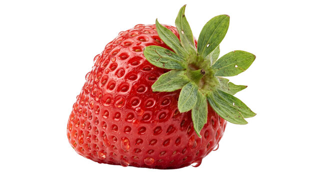 Single fresh red strawberry with green leaves and water drops isolated on transparent background close up view of ripe berry with seeds for summer dessert and fruit berry