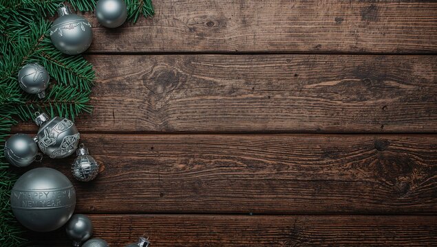 Christmas Ornaments and Pine Branches on Wooden Background - Festive Arrangement, Rustic Style