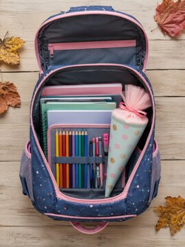 Erster Schultag in Deutschland: Ein ge&ouml;ffneter Schulranzen mit Heften, Stiften und Schult&uuml;te liegt ordentlich auf Holz, umgeben von Herbstlaub als Symbol f&uuml;r Einschulung und Neubeginn.