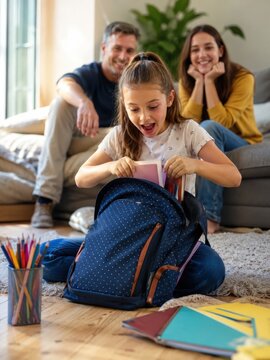 Schulanfang in Deutschland: Ein aufgeregtes M&auml;dchen packt Hefte und Schulmaterial in seinen neuen Schulranzen, w&auml;hrend die Eltern stolz und l&auml;chelnd im Hintergrund zuschauen.