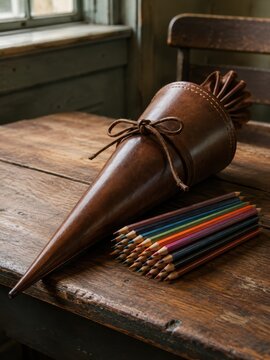 Traditionelle Einschulung in Deutschland: Eine edle braune Schult&uuml;te aus Leder liegt mit bunten Buntstiften auf einem alten Holztisch und verbindet Schulanfang mit nostalgischem Stil.