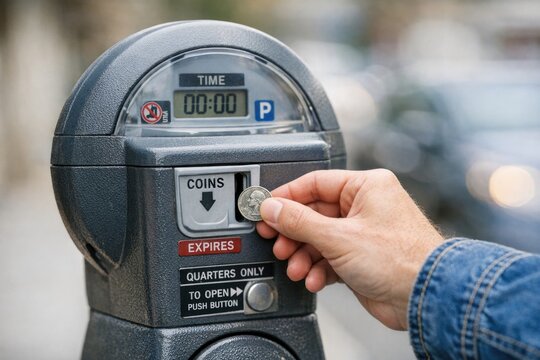 A person inserting a coin into a parking meter