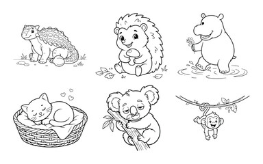 Obraz premium Set of cute hand drawn animal illustrations for children coloring book pages and creative design projects