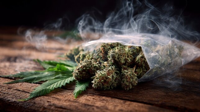 A close-up shot of cannabis buds in a clear bag with smoke swirling around on a textured wooden surface