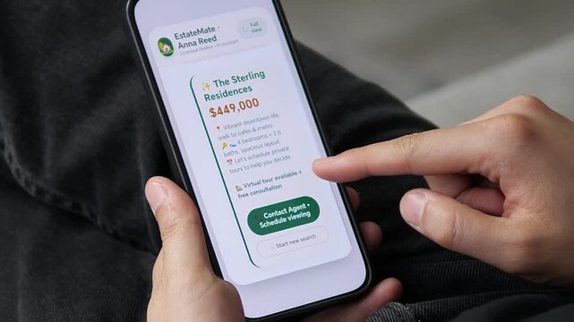 User reviewing a property listing through an AI-powered real estate assistant. The EstateMate interface simplifies the home-buying process. Ideal for PropTech, AI agents, and digital real estate stock