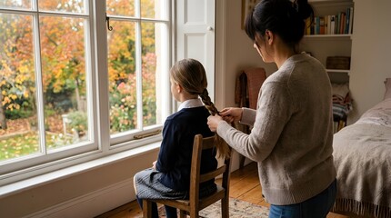 Obraz premium Mother Braiding Daughter?s Hair by Window During Autumn