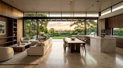 Fototapeta premium Luxurious Modern Living Room Opens to Scenic Backyard and Cityscape at Sunset