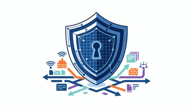 Digital shield with keyhole network flow firewalls and data icons