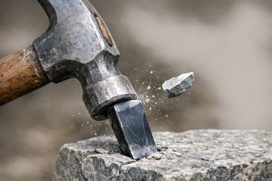 A close-up of a hammer hitting a rock with a wooden handle, emphasizing the impact and force