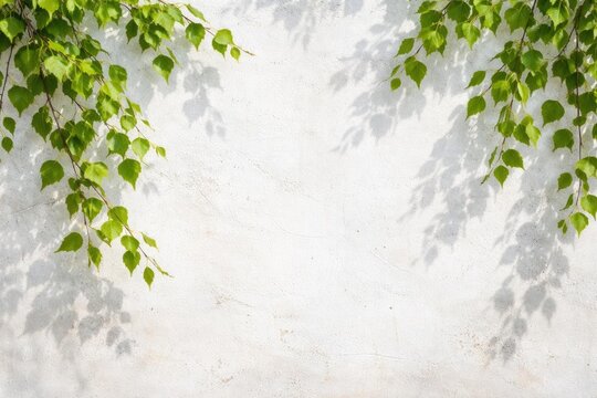 Green Leaves Casting Shadows on a Textured White Wall