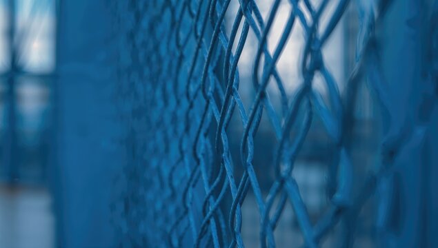 Closeup of Blue Metal Chain Link Fence with Soft Focus Background
